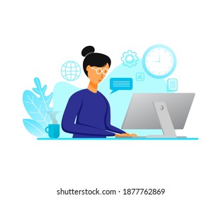 ilustración vectorial de carácter plano. mujeres en los negocios en el concepto de empresa de oficinas. mujeres en el escritorio con su computadora