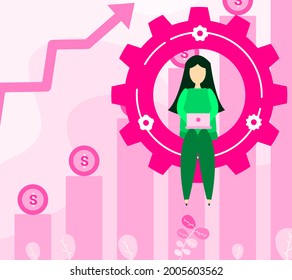 Flat character vector sits for work with laptops on the cog and gear exchange symbol. Cartoon bank consumer refinancing loan. Personal financial target and business concept.