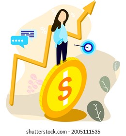 Flat character vector stands on the coin money. Cartoon bank consumer refinancing loan. Personal financial target and business concept comprise message, target and financial growth icon.