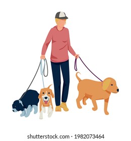Flat character walking three dogs on leash vector illustration