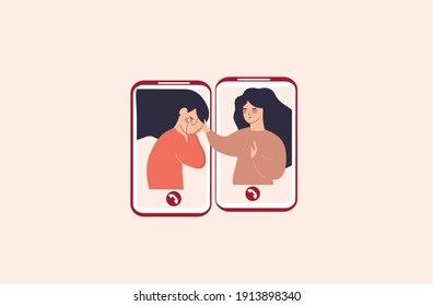 Flat character woman comforts her best friend via the phone. Girl consoles other girl with mental issues. Female with broken heart crying, being supported by someone else. Vector illustration