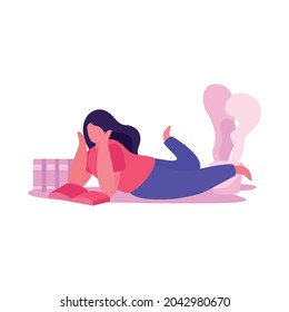 Flat character of woman reading book vector illustration