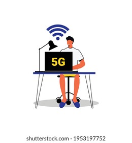 Flaches Schriftzeichen, das auf Laptop arbeitet, mit schneller 5 g-Internet-Vektorgrafik