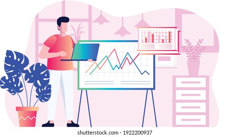 flat character working person using a laptop for decoration