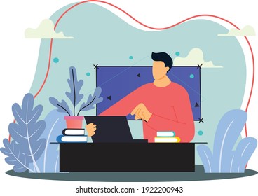 flat character working person using a laptop for decoration