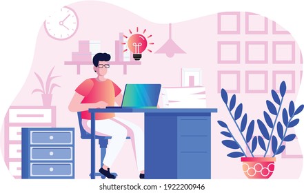 flat character working person using a laptop for decoration