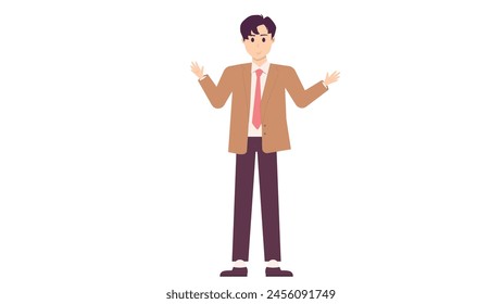flat character of young man character with brown blazer suit explaining pose