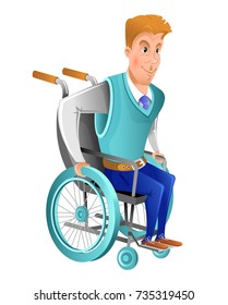 Flat character young man on wheelchair isolated on white