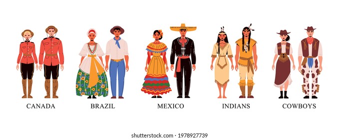 Flat characters from american countries in their national clothes icons set on white background isolated vector illustration