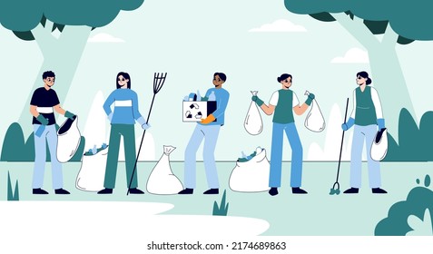 Flat characters cleaning garbage in park and collecting trash outdoor. People cleaning and taking care of environment flat vector symbols illustrations set. Waste collectors collection