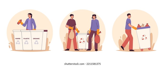 Flat characters collecting trash, waste sorting concept. Volunteers collecting and sorting garbage, taking care of environment vector symbols illustrations set. Outline people cleaning trash