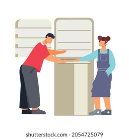 Flat characters looking at refrigerator in home appliance store vector illustration