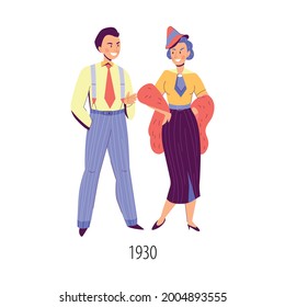 Flat characters of man and woman dressed in clothing in fashion of thirties isolated vector illustration
