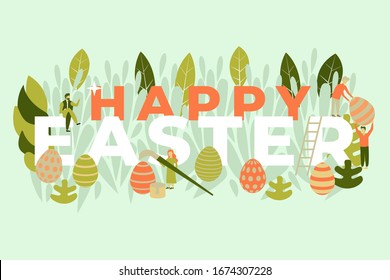 Los personajes planos pintan huevos, llevan grandes huevos de Pascua decorados. Gran inscripción Feliz Pascua. Dibujo vectorial colorido de dibujos planos.  tarjeta de felicitación, promoción, afiche, volante, banner web, artículo.