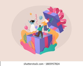 Flat characters people jump out of the gift box. Gift Design for Christmas Greeting Event. Company Friendship Decoration Concept.