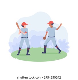 Flat characters play baseball. Game scene isolated on white background.