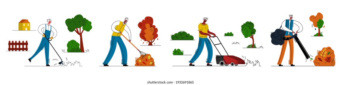 Flat characters vector illustration set, gardeners at work in yard or parks. Concept lawn care with lawn mower, cleaning autumn foliage by hand, equipment.