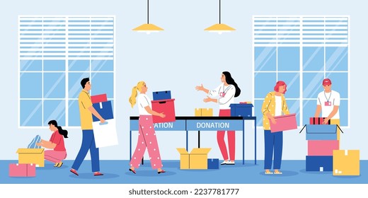 Flat charity composition with team of volunteers working with donation boxes vector illustration