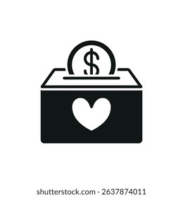 Flat charity icon with coins dropping into box, ideal for donation, NGO, fundraiser, or giving themes.