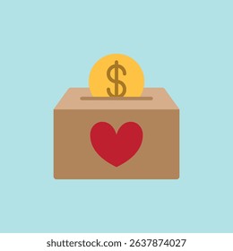 Flat charity icon with coins dropping into box, ideal for donation, NGO, fundraiser, or giving themes.