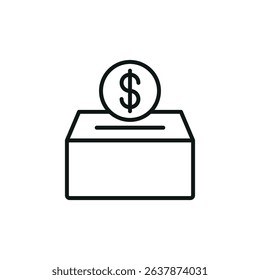 Flat charity icon with coins dropping into box, ideal for donation, NGO, fundraiser, or giving themes.