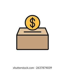 Flat charity icon with coins dropping into box, ideal for donation, NGO, fundraiser, or giving themes.