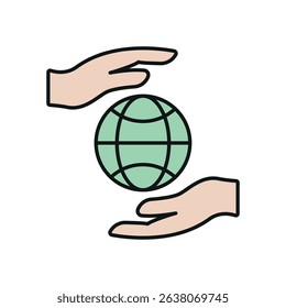 Flat charity icon showing globe, heart, and hands – symbolizing love, global aid, unity, and support.