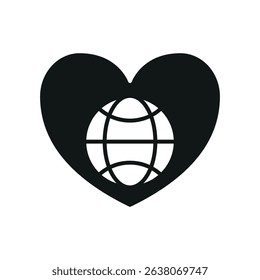 Flat charity icon showing globe, heart, and hands – symbolizing love, global aid, unity, and support.