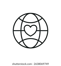 Flat charity icon showing globe, heart, and hands – symbolizing love, global aid, unity, and support.