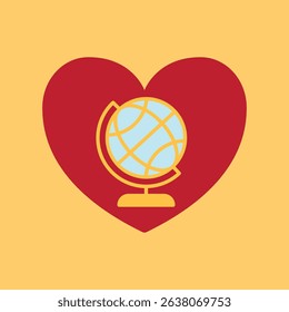 Flat charity icon showing globe, heart, and hands – symbolizing love, global aid, unity, and support.