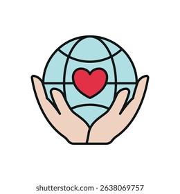 Flat charity icon showing globe, heart, and hands – symbolizing love, global aid, unity, and support.