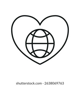 Flat charity icon showing globe, heart, and hands – symbolizing love, global aid, unity, and support.