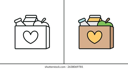 Flat charity icon showing globe, heart, and hands – symbolizing love, global aid, unity, and support.