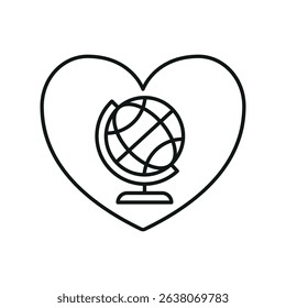 Flat charity icon showing globe, heart, and hands – symbolizing love, global aid, unity, and support.