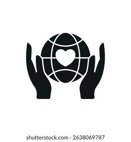 Flat charity icon showing globe, heart, and hands – symbolizing love, global aid, unity, and support.
