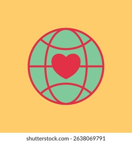 Flat charity icon showing globe, heart, and hands – symbolizing love, global aid, unity, and support.