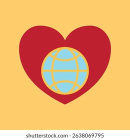 Flat charity icon showing globe, heart, and hands – symbolizing love, global aid, unity, and support.