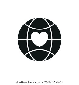 Flat charity icon showing globe, heart, and hands – symbolizing love, global aid, unity, and support.