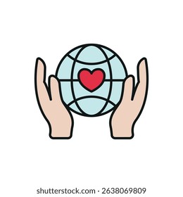 Flat charity icon showing globe, heart, and hands – symbolizing love, global aid, unity, and support.