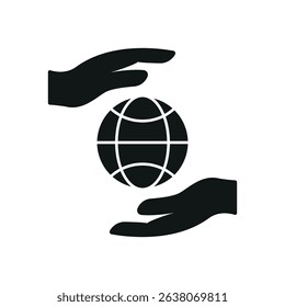 Flat charity icon showing globe, heart, and hands – symbolizing love, global aid, unity, and support.
