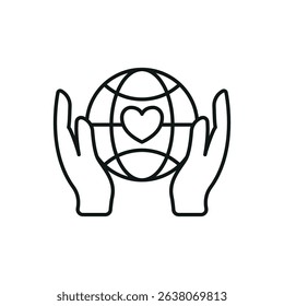 Flat charity icon showing globe, heart, and hands – symbolizing love, global aid, unity, and support.