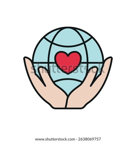 Flat charity icon showing globe, heart, and hands – symbolizing love, global aid, unity, and support.