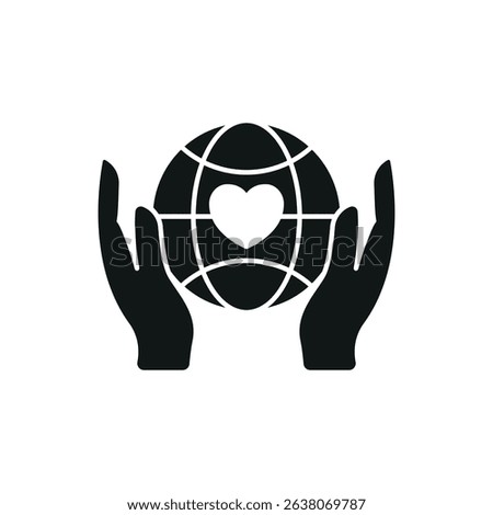 Flat charity icon showing globe, heart, and hands – symbolizing love, global aid, unity, and support.