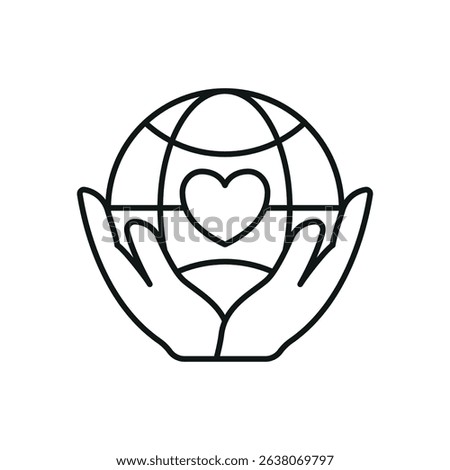 Flat charity icon showing globe, heart, and hands – symbolizing love, global aid, unity, and support.