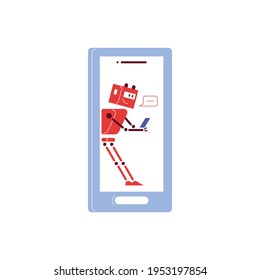 Flat chatbot service icon with smiling robot and smartphone vector illustration