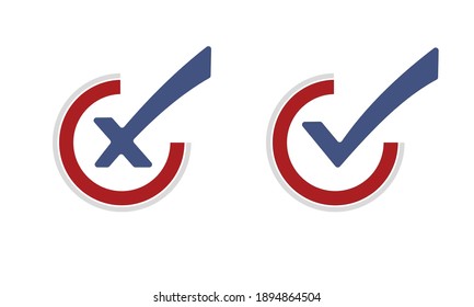 Flat check mark icons. YES or NO. V or X. Gray blue red colors. Vector illustration.