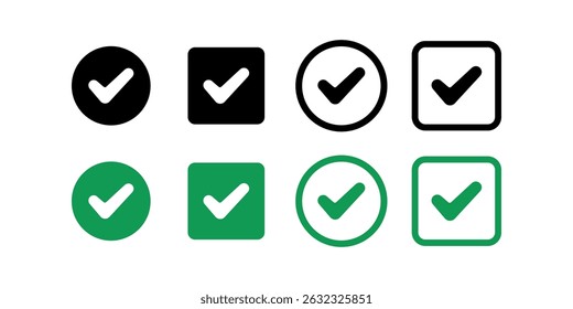 Flat check mark symbol set inside a circle or square. Simple illustration vector design. Black and green colors.