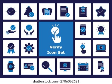 Ícones de Verificação Simples: Concluídos, aprovados, controle de qualidade, crachá de garantia e ícones de autenticação bem-sucedidos para mídia comercial ou digital em design azul simples.