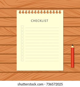 Flat checklist and red pencil on wooden background. Stationery on wooden table, top view. Vector illustration