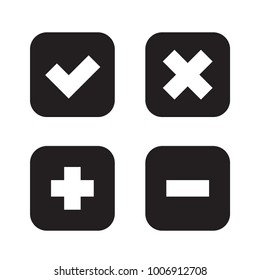 Flat checkmark, Cross and Plus, Minus web button, black rounded square shape icons with shadow, vector, isolated on white background
